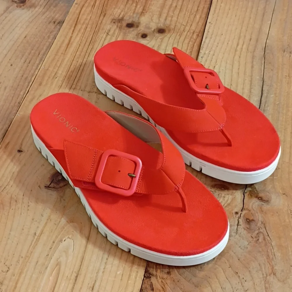 Vionic Uptown Marin Toe Post Sandal Cherry Tomato Nubuck Size 12W